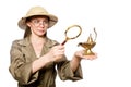 The woman wearing safari hat on white Royalty Free Stock Photo