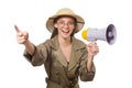 The woman wearing safari hat on white Royalty Free Stock Photo