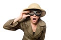 The woman wearing safari hat on white Royalty Free Stock Photo