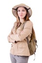 The woman wearing safari hat on white Royalty Free Stock Photo