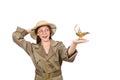 The woman wearing safari hat on white Royalty Free Stock Photo
