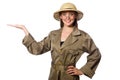 The woman wearing safari hat on white Royalty Free Stock Photo