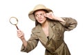 The woman wearing safari hat on white Royalty Free Stock Photo