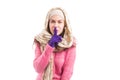 Woman wearing scarf and hat showing shush silent gesture Royalty Free Stock Photo