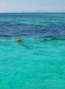 Woman wearing snokeling mask swimming next to tropical island