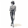 Minimalist Monotype Print Of Retro Female In Light Striped Outfit