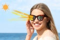 Woman wearing sunglasses near sea. UVA and UVB rays reflected by lenses