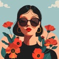 A woman wearing sunglasses and a red lipstick is surrounded by red flowers Royalty Free Stock Photo