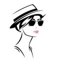 Woman wearing sunglasses and straw boater hat vector head portrait Royalty Free Stock Photo