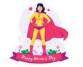 A Woman wearing a superhero costume with a cape in order to celebrate Women\'s Day. Feminist superhero. Women\'s Day