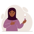 A woman wearing a traditional Islamic headscarf looks sadly at a positive pregnancy test result. Vector