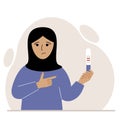 A woman wearing a traditional Islamic headscarf looks sadly at a positive pregnancy test result. vector