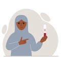 A woman wearing a traditional Islamic headscarf smiles and looks at a positive pregnancy test result. Vector