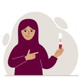 A woman wearing a traditional Islamic headscarf smiles and looks at a positive pregnancy test result. Vector