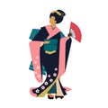 Woman wearing traditional Japanese clothes. Geisha costume kimono. Flower pattern.