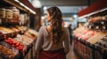 woman wearing tshirt in a grocery store backview