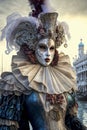 Woman Wearing Venetian Style Mask, Costume and Hat at the Venice Carnival