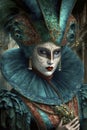 Woman Wearing Venetian Style Mask, Costume and Hat at the Venice Carnival