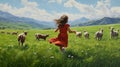 Joyful Chaos: A Beautiful Girl Walking With Sheep In Naive And Childlike Art