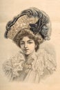 Woman Wearing Vintage Elegant Dress Hat Antique Fashion Engraving