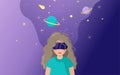 Woman wearing virtual reality glasses is connected to the virtual space of the metaverse. Vector poster, banner Royalty Free Stock Photo