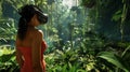 A woman wearing a VR headset stands amidst a virtual simulation of a lush rainforest, AI Generated