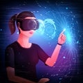 Woman wearing VR virtual Reality headset glasses and experiencing futuristic cyberscape technology