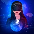 Woman wearing VR virtual Reality headset glasses and experiencing futuristic cyberscape technology