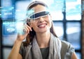 Woman wearing VR Virtual Reality Headset with Interface Royalty Free Stock Photo