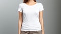 Woman wearing white t shirt mockup template on light gray wall for design print studio