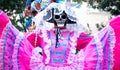 Woman wears sugar skull mask and bright pink Jalisco dress in celebration of Dia de los Muertos / Day of the Dead