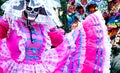 Woman wears sugar skull mask and bright pink Jalisco dress in celebration of Dia de los Muertos / Day of the Dead