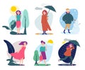 Woman weather. Seasonal people walking with umbrella summer cold rainy shiny windy outdoor vector person