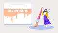 Woman Web designer visualizing a vibrant search concept with a large brush, color of the year, Peach Fuzz with RGB and
