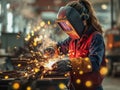 Woman welder with a protective mask at the workplace Royalty Free Stock Photo