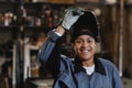 Woman Welding Metal In Workshop Royalty Free Stock Photo