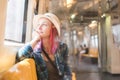 Woman westerner write admire view from train`s window Royalty Free Stock Photo