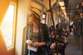 Woman westerner write admire view from train`s window