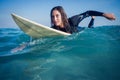 woman in wetsuit with a surfboard on a sunny day Royalty Free Stock Photo