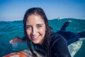 woman in wetsuit with a surfboard on a sunny day Royalty Free Stock Photo