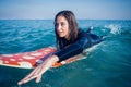 woman in wetsuit with a surfboard on a sunny day Royalty Free Stock Photo