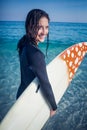 woman in wetsuit with a surfboard on a sunny day Royalty Free Stock Photo