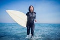 woman in wetsuit with a surfboard on a sunny day