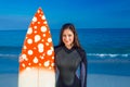 Woman in wetsuit with a surfboard on a sunny day Royalty Free Stock Photo