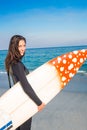 Woman in wetsuit with a surfboard on a sunny day Royalty Free Stock Photo