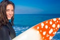 Woman in wetsuit with a surfboard on a sunny day Royalty Free Stock Photo