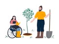 Woman on wheelchair and man gardening together. Man with shovel works in a garden. Girl is watering a seedling on the Royalty Free Stock Photo