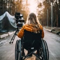 A woman in a wheelchair is recording video for internet. AI generated picture