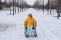 Woman in wheelchair relaxing in winter park.