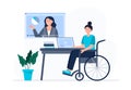 A woman in the wheelchair watches video lessons. Online education, e-learning, studying at home. Vector flat